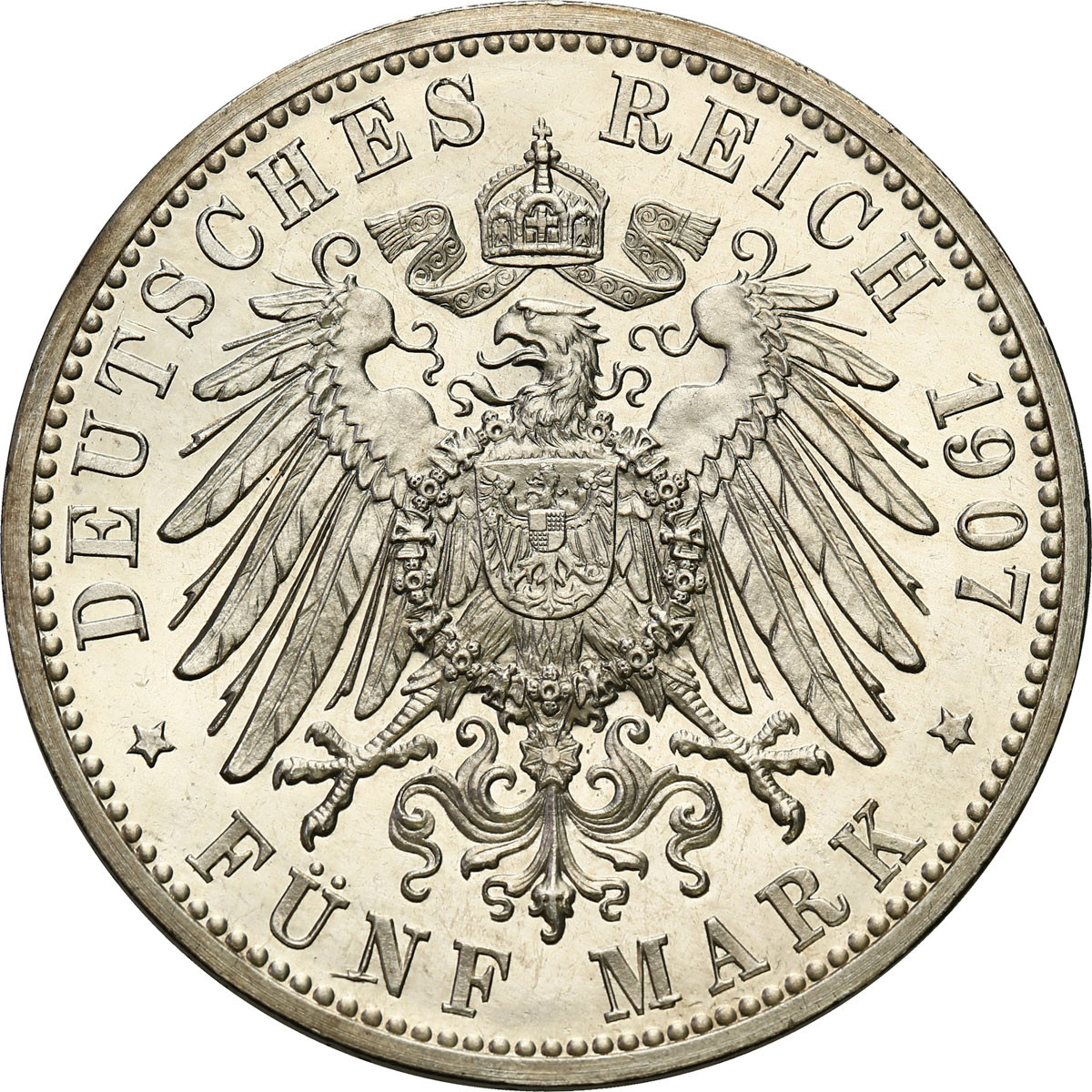 Niemcy, Badenia - Fryderyk I (1856–1907), 5 marek pośmiertne 1907, Karlsruhe STEMPEL LUSTRZANY